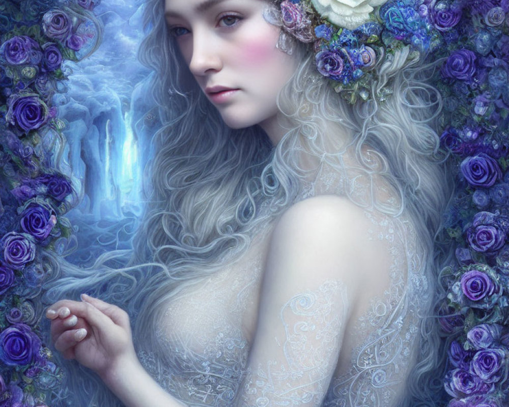 Ethereal woman with floral crown in misty forest setting