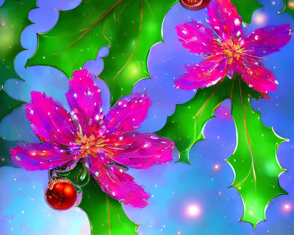 Colorful digital artwork featuring pink flowers, holly leaves, and berries on a festive blue and green