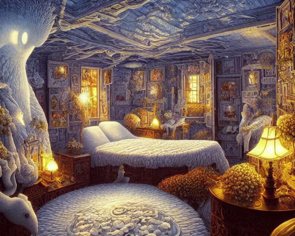 Warmly Lit Bedroom with Art, Two Beds, Owl, and Starry Ceiling