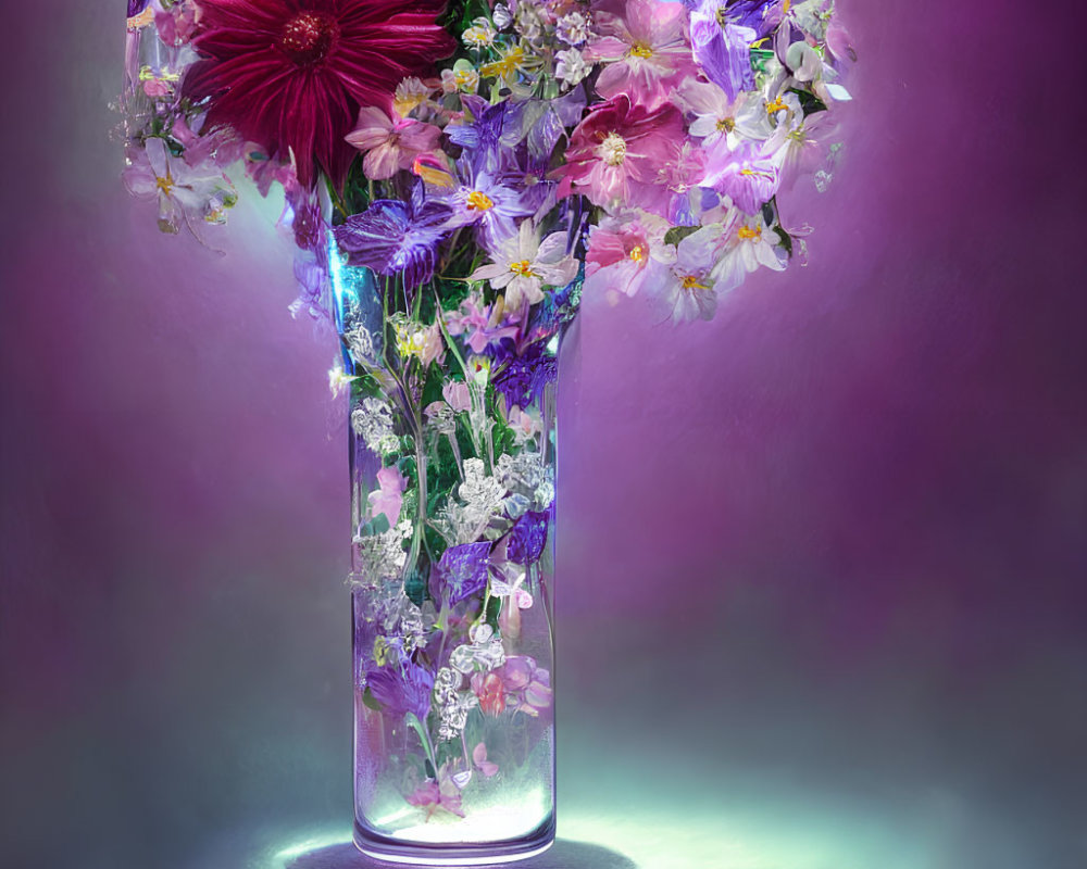 Assorted Flowers in Clear Vase on Purple-Pink Background