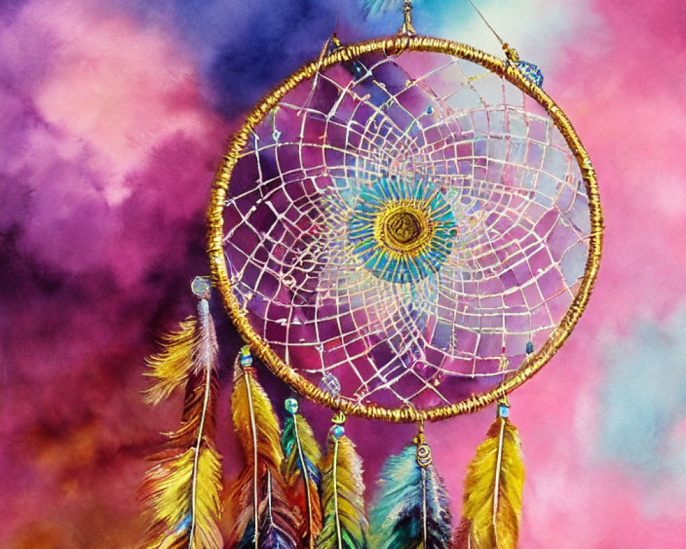 Colorful Dreamcatcher with Intricate Webbing and Vibrant Feathers on Watercolor Background