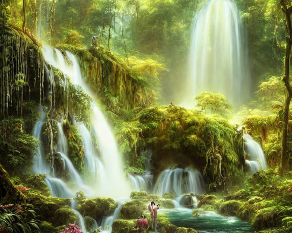 Majestic waterfall in lush green forest with serene pool