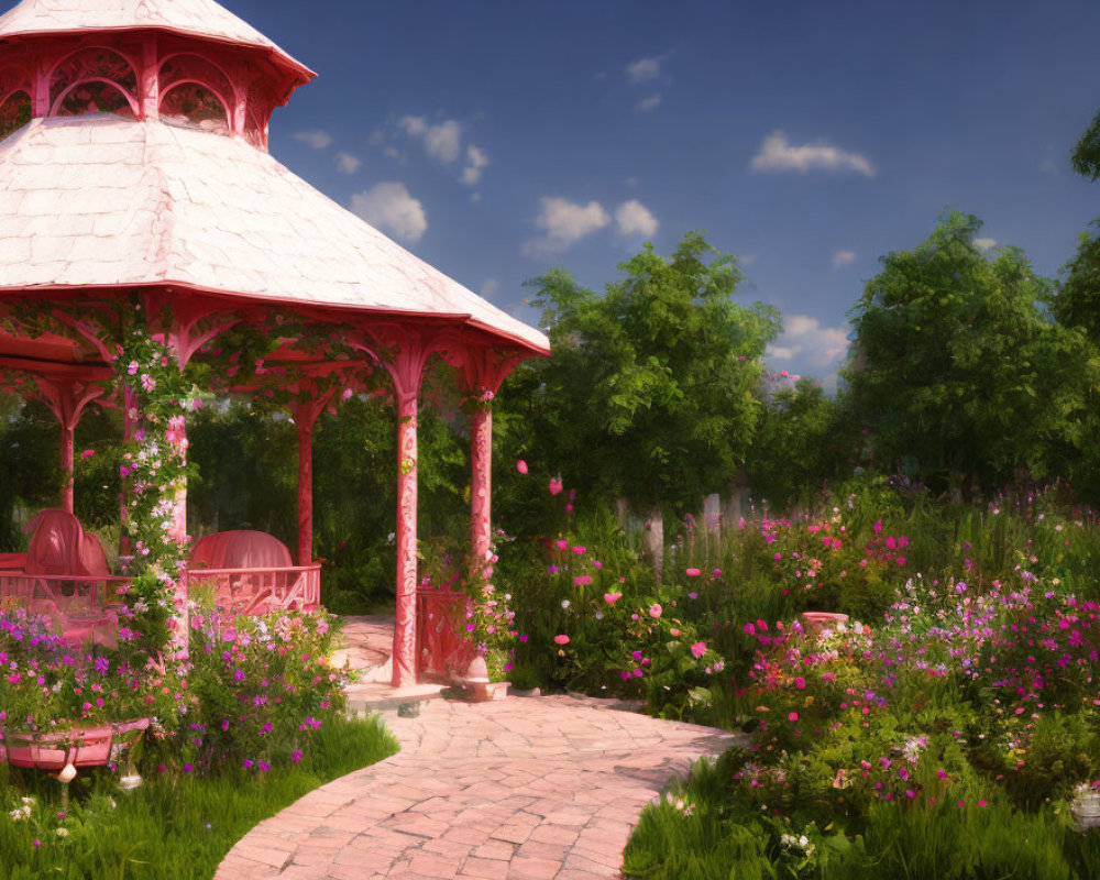 Tranquil garden scene with pink gazebo, lush greenery, and vibrant flowers