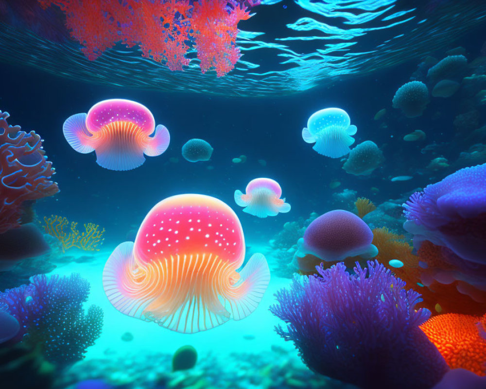 Colorful jellyfish and coral reefs in vibrant underwater scene