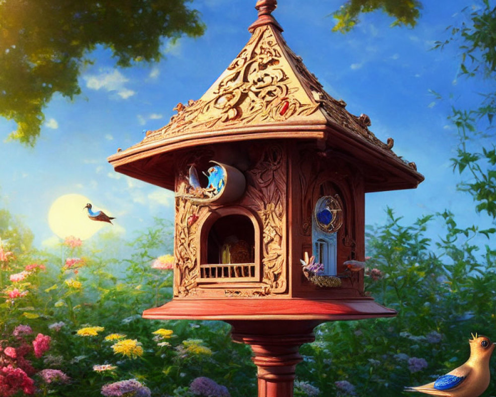 Colorful Garden Birdhouse with Blooming Flowers and Birds under Blue Sky