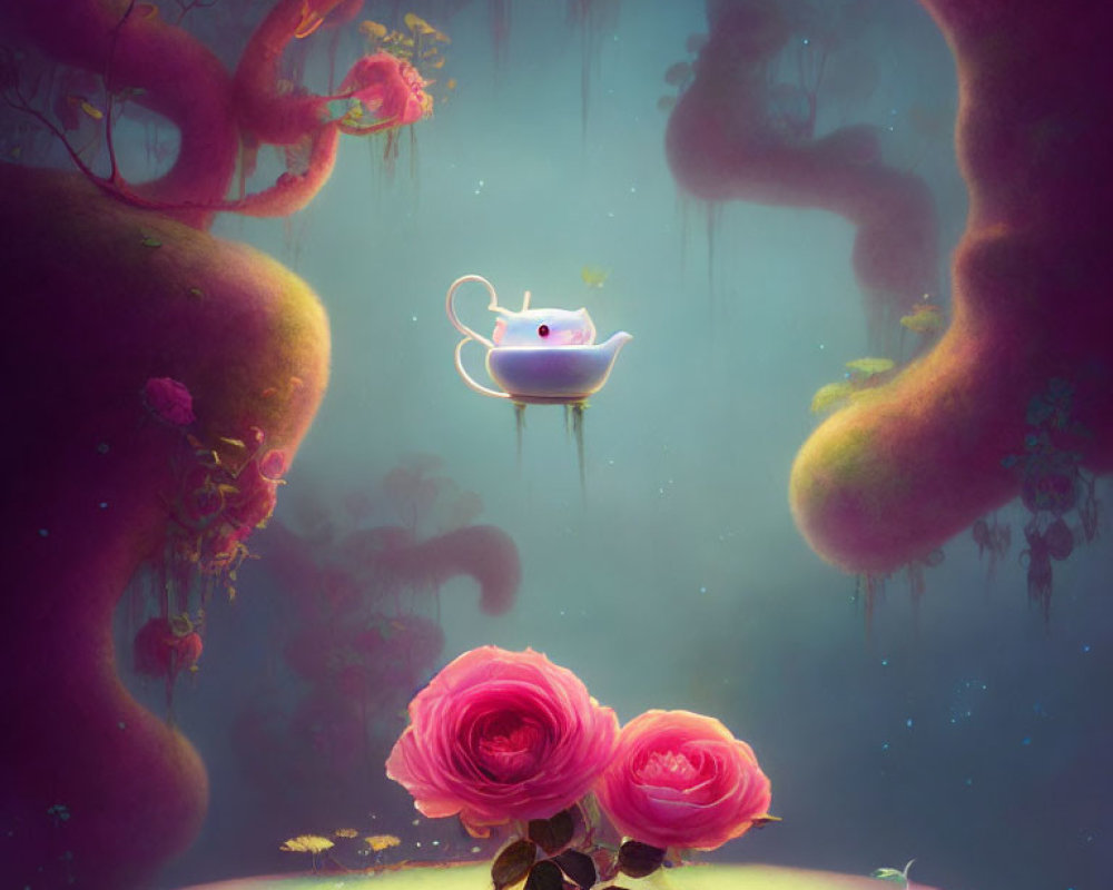 Whimsical floating teapot and pink roses in misty setting