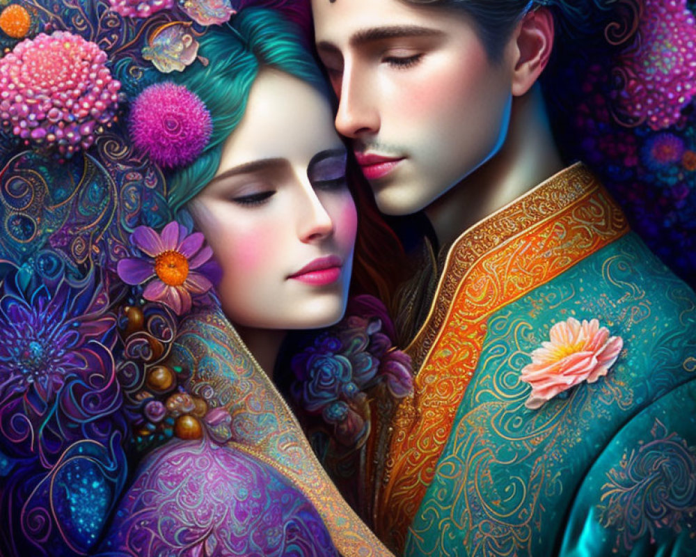 Colorful digital artwork of man and woman in intimate embrace with floral motifs