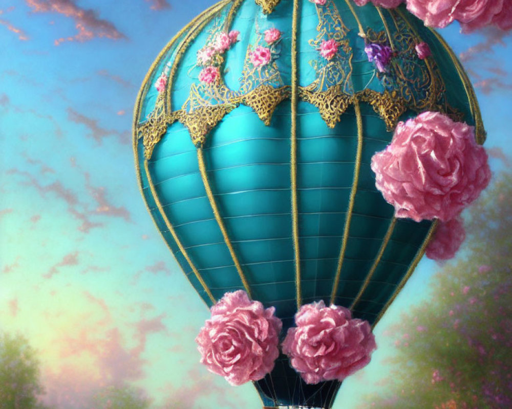 Teal and Gold Hot Air Balloon with Pink Roses in Sky