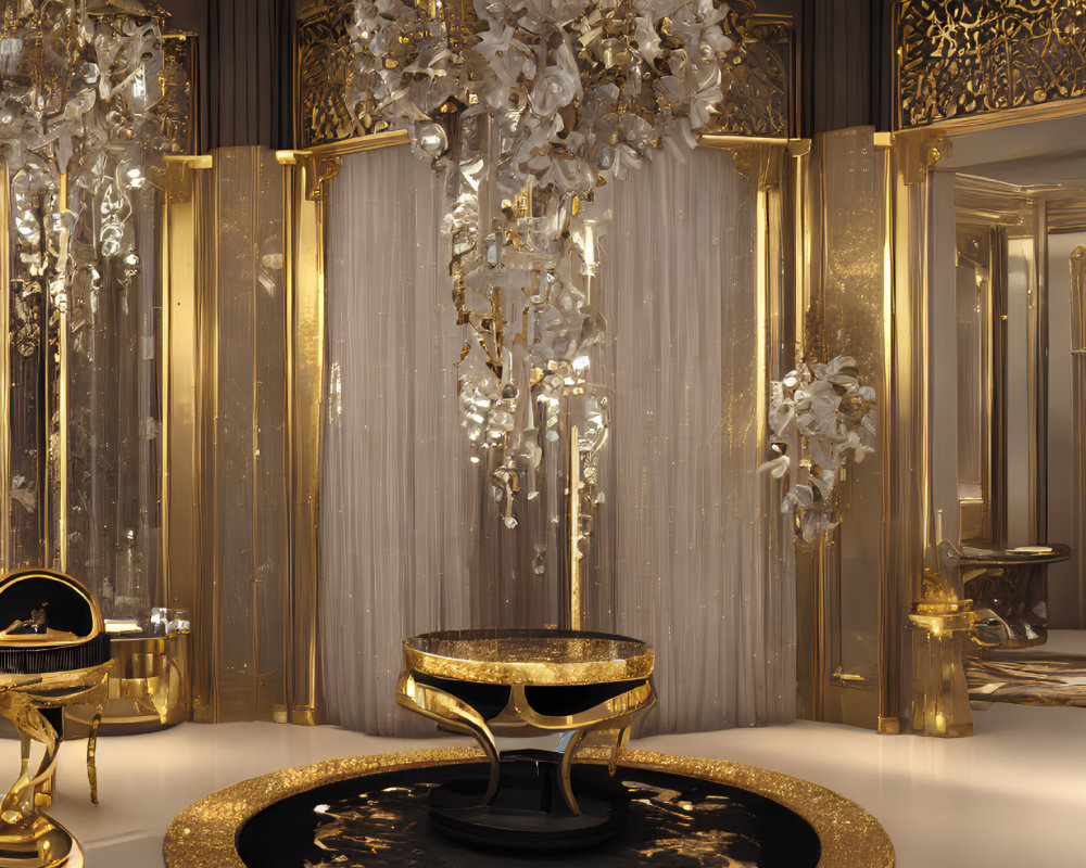 Luxurious Bathroom with Gold Accents and Crystal Chandelier