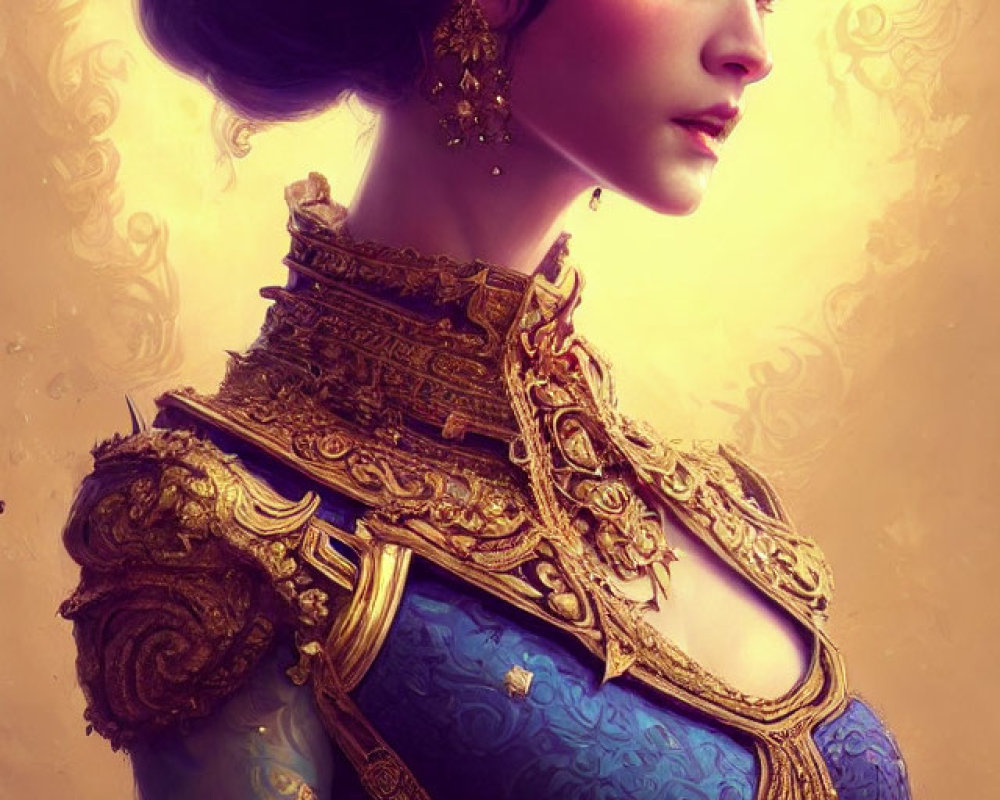 Regal woman in golden crown and armor on warm backdrop