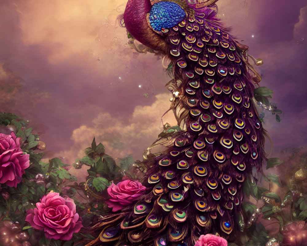 Detailed Peacock Illustration with Iridescent Feathers and Pink Roses