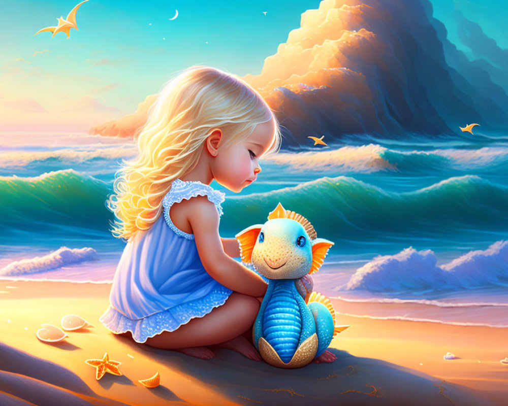 Young girl in blue dress with stuffed fish toy on sandy beach at sunset