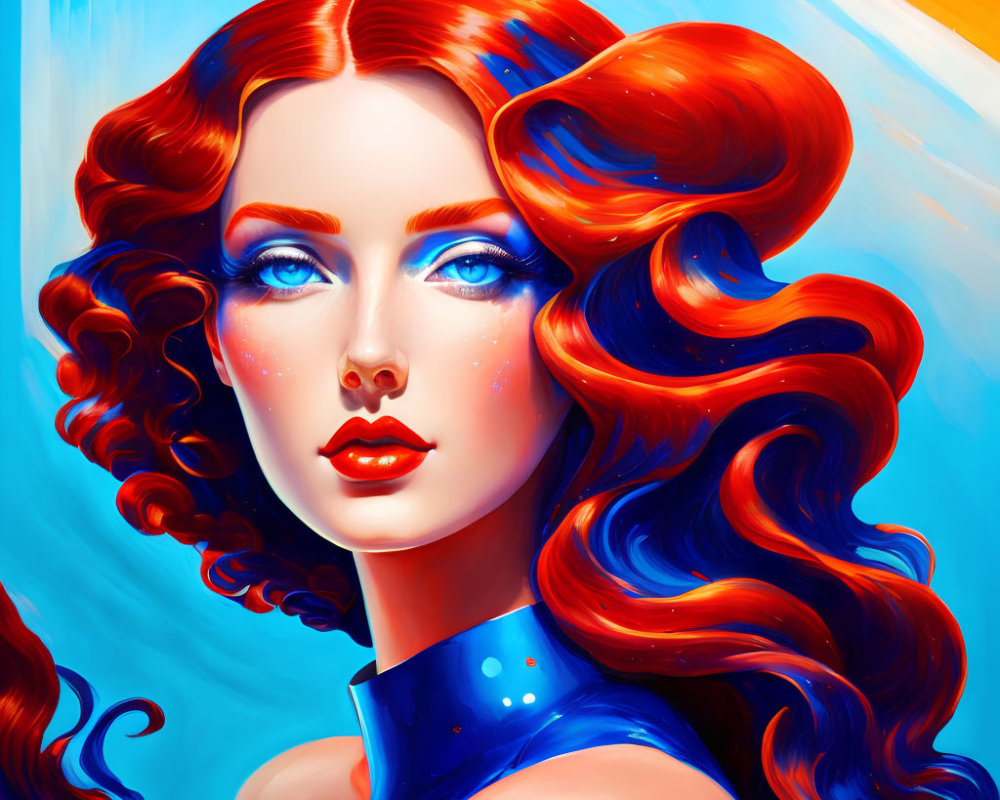 Vibrant red-haired woman in blue outfit against colorful abstract backdrop