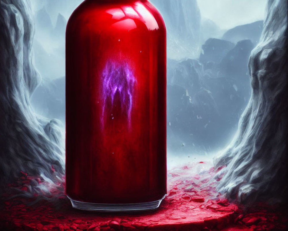 Red Glowing Jar in Mystical Icy Landscape with Purple Haze