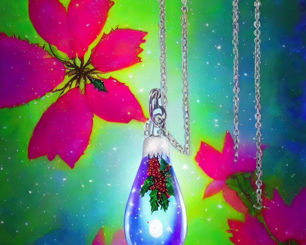 Colorful Holly Motif Pendant in Teardrop Glass with Starry Background and Pink Flowers