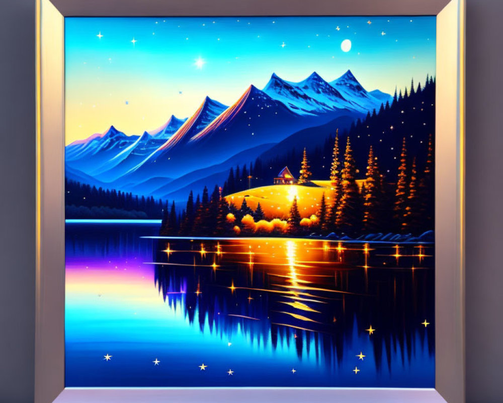 Mountainous Landscape Painting: Night Scene with Lake, Starry Sky, and Cottage