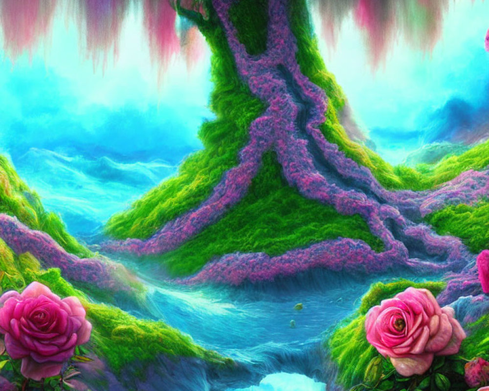 Colorful Fantasy Landscape with Greenery, Pink Trees, Roses, and Blue Stream