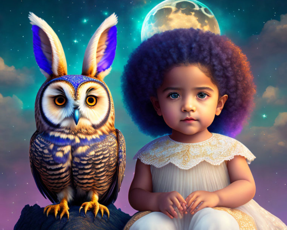 Child with Purple Afro and Colorful-Eared Owl Scene