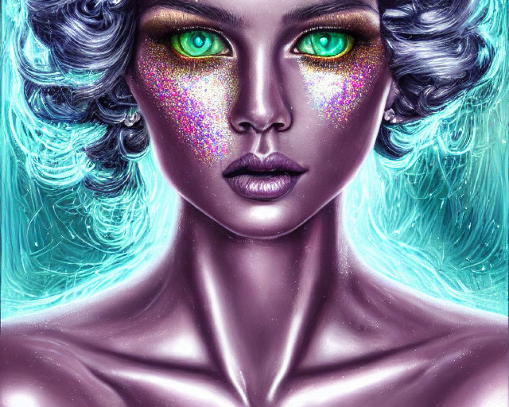 Vibrant digital portrait of a woman with turquoise skin and curly hair