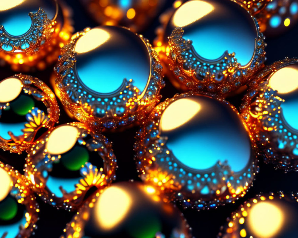 Intricate Glowing Fractal Spheres on Reflective Surface