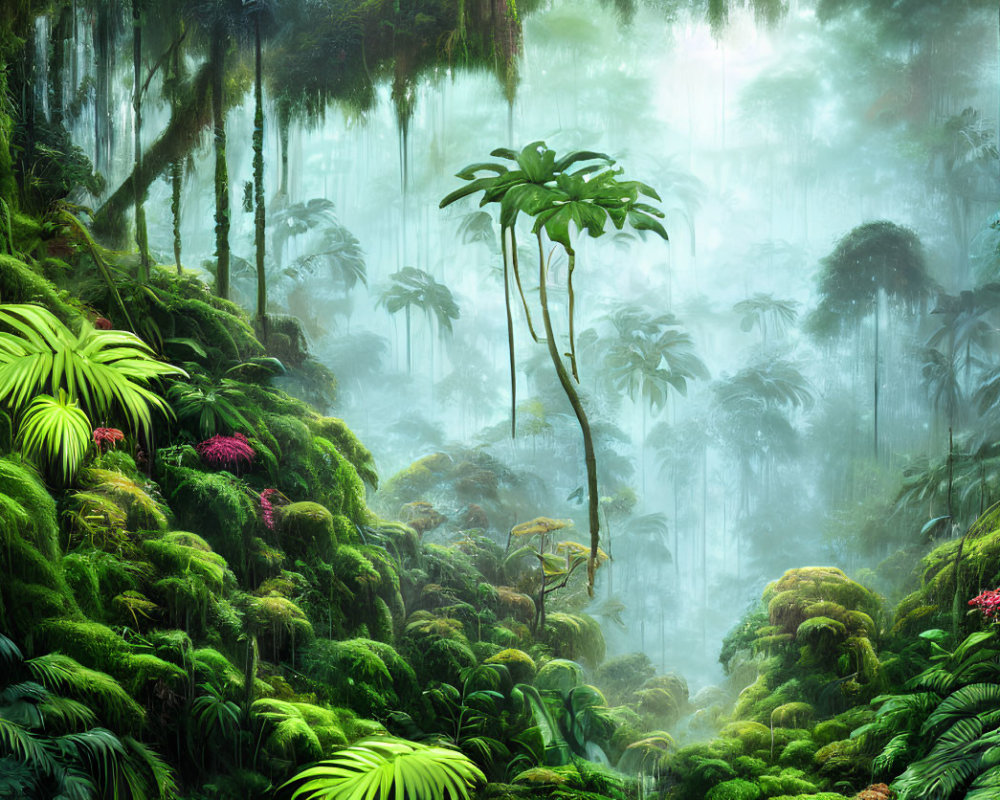 Lush Green Rainforest with Dense Vegetation and Towering Trees