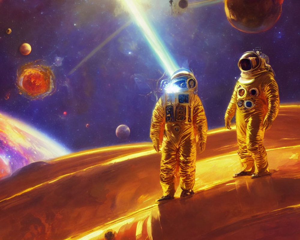 Astronauts in golden suits on vibrant alien landscape with multiple planets