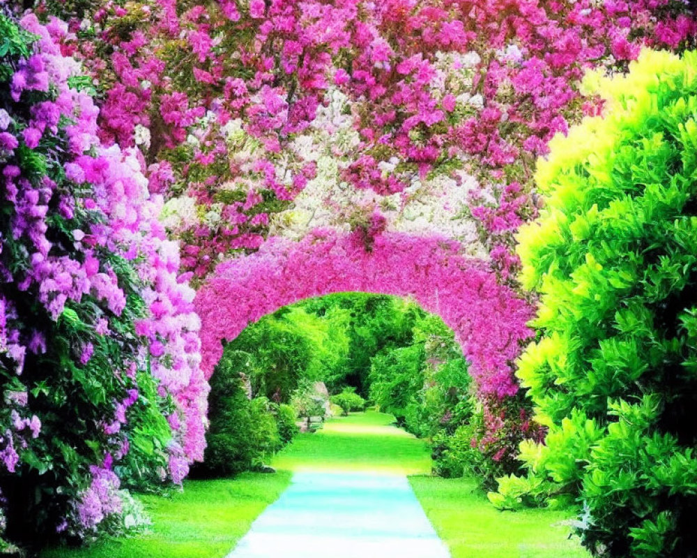 Colorful Garden Pathway with Bushes and Flower Arch