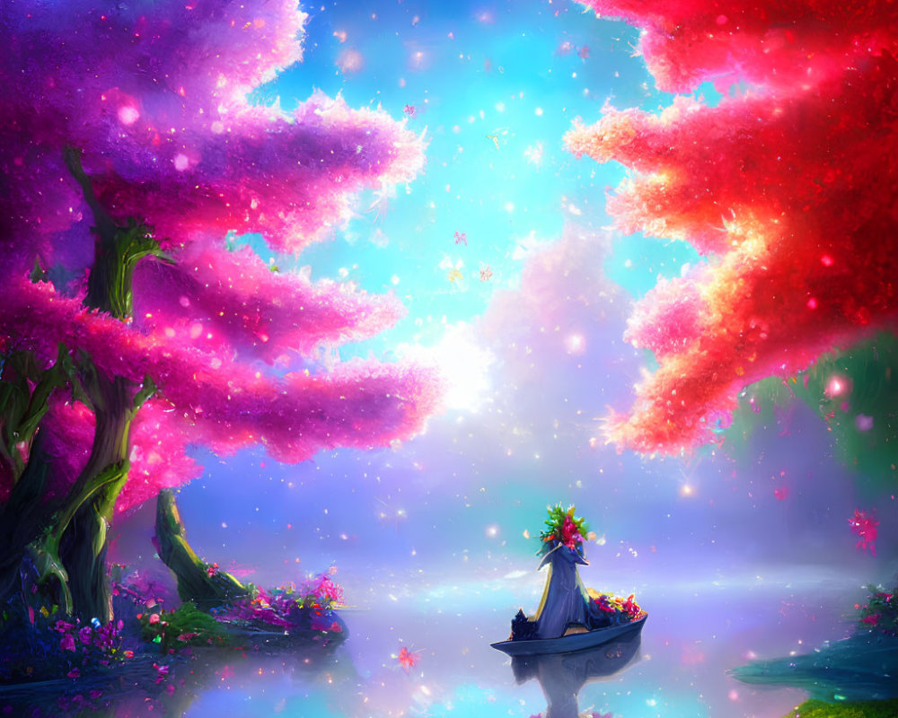 Colorful Fantasy Landscape with Trees, Boat, and Flowers