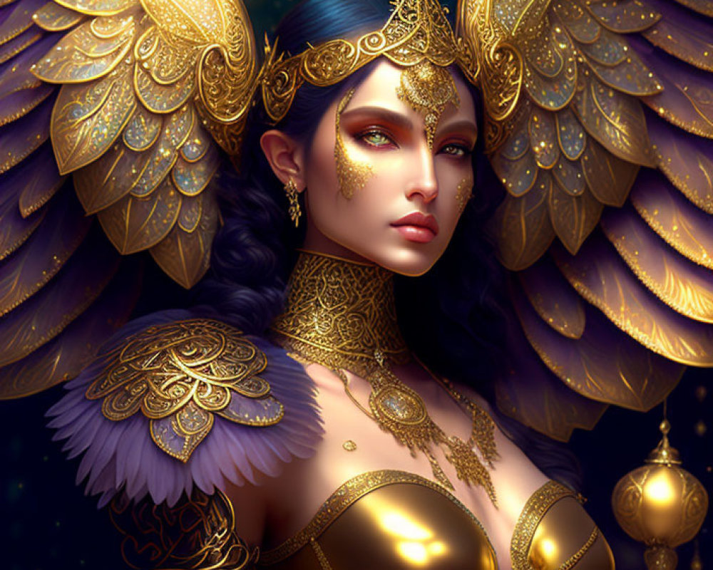 Fantasy character in golden armor with wings and celestial ornaments