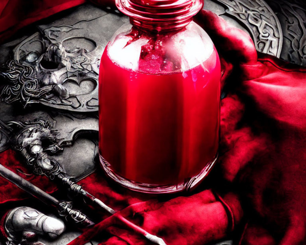 Red Potion in Glass Bottle on Fantasy Armor and Weapons Cloth