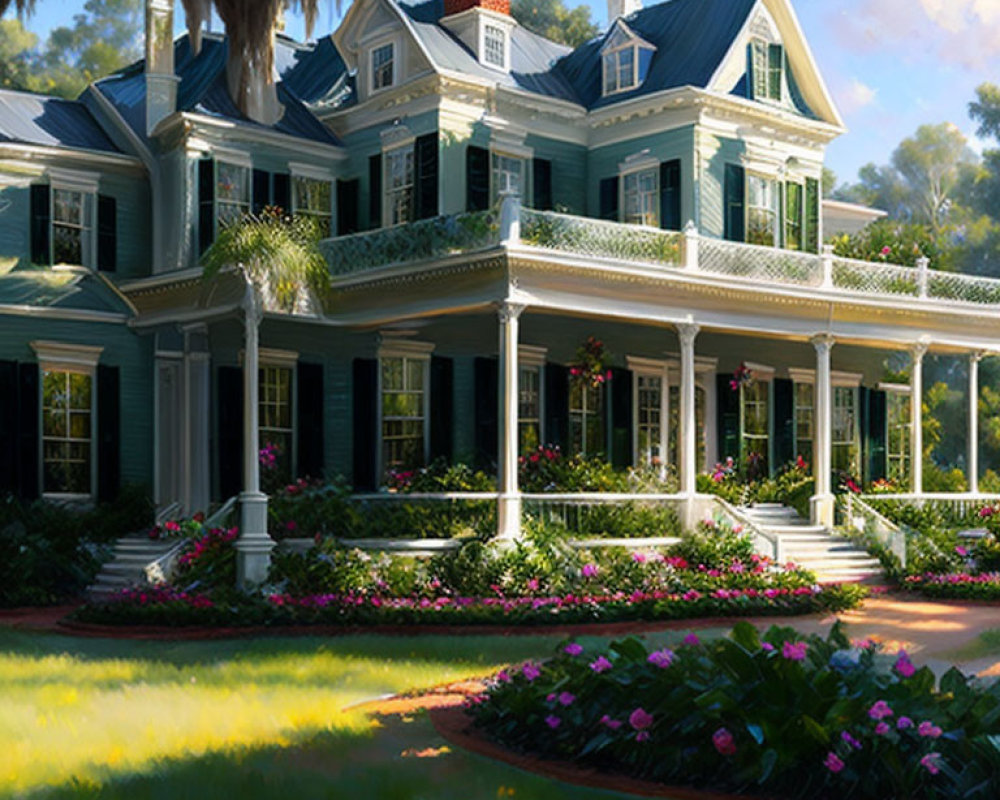 Traditional two-story house with blue siding, white trim, wrap-around porch, lush greenery, pink