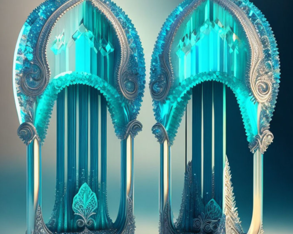 Ornate Aqua-Colored Harps with Baroque-Style Embellishments