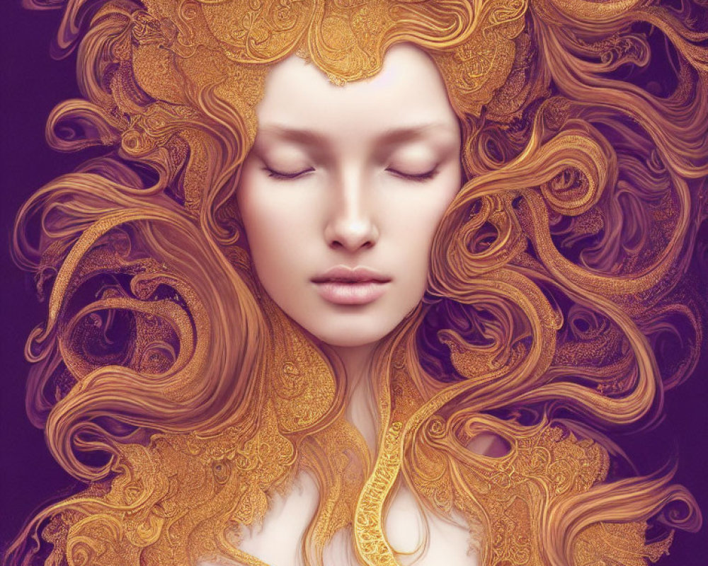 Digital artwork: Woman with intricate golden hair on purple background