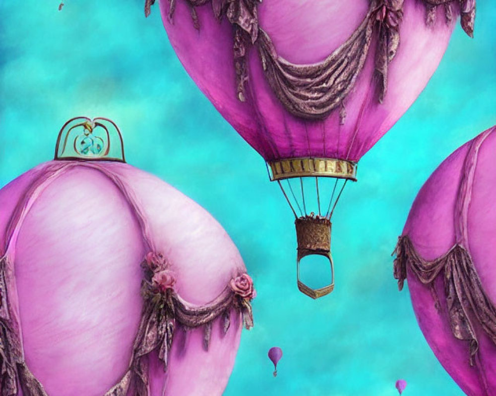 Whimsical hot air balloons with pink tops in vibrant turquoise sky