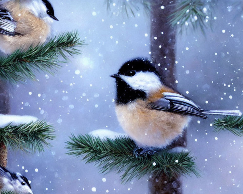 Three Chickadees Perched on Pine Branches in Falling Snow