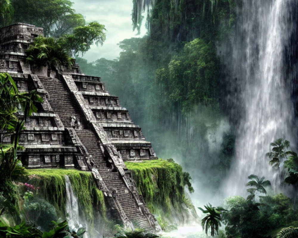 Stone pyramid structure near waterfall in lush jungle