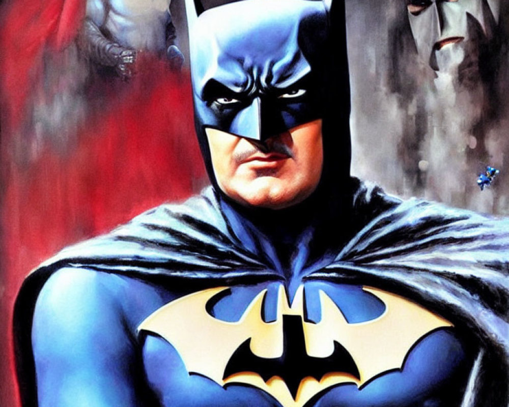 Iconic Batman Suit Illustration with Red Background and Alter-Ego Figures