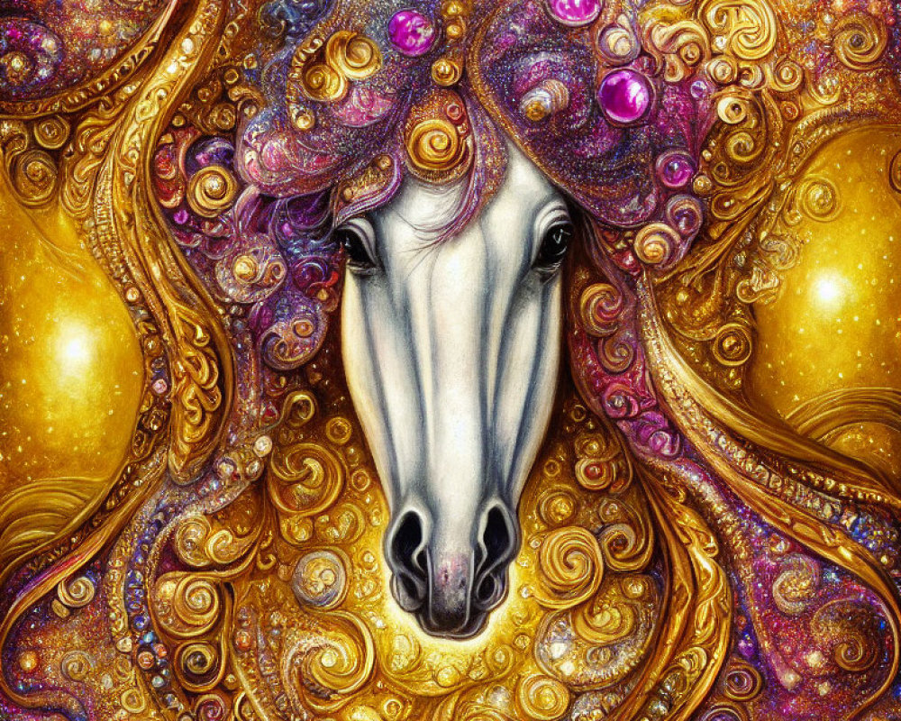 Colorful Horse Face Artwork with Golden Swirls and Cosmic Patterns