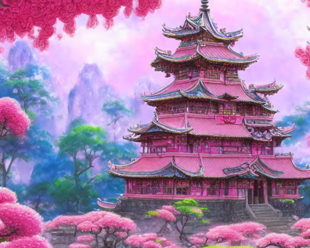 Colorful digital artwork: Pink Asian pagoda, blooming trees, misty mountains