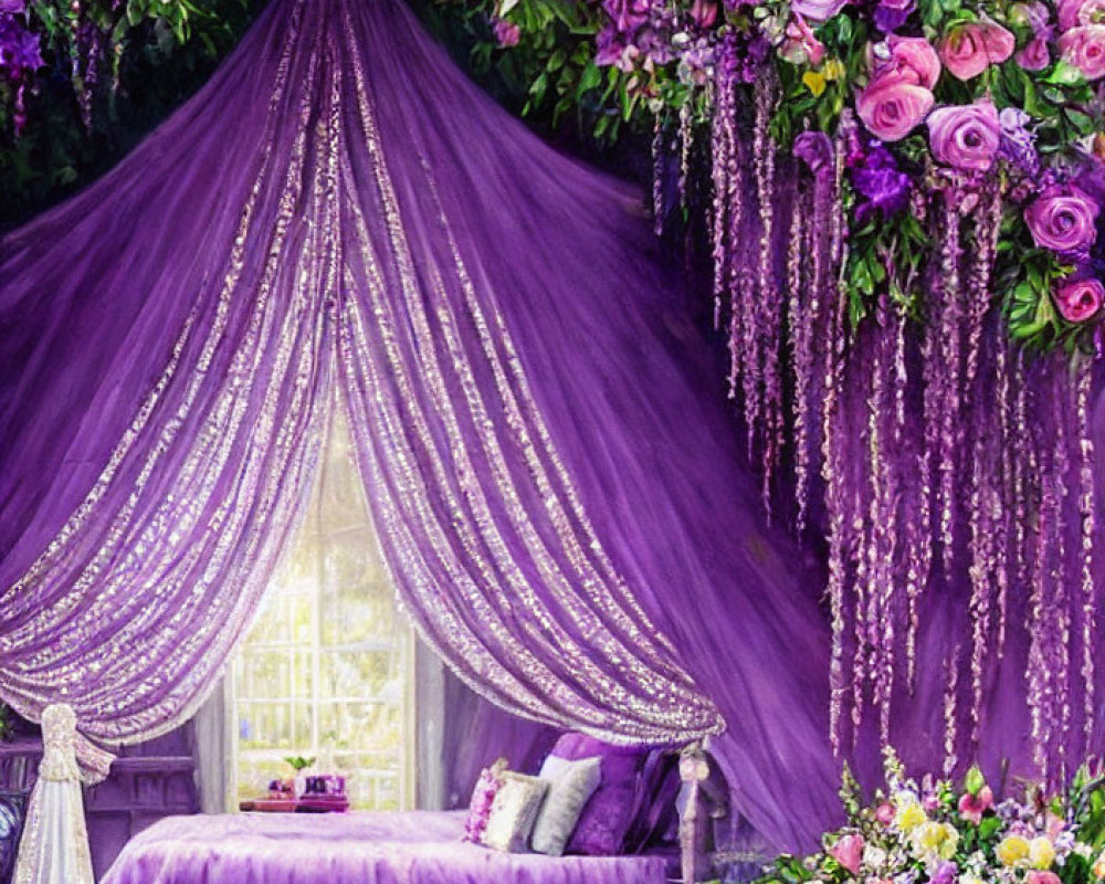 Purple-themed interior with flowers, cozy bench, vintage window, and soft light