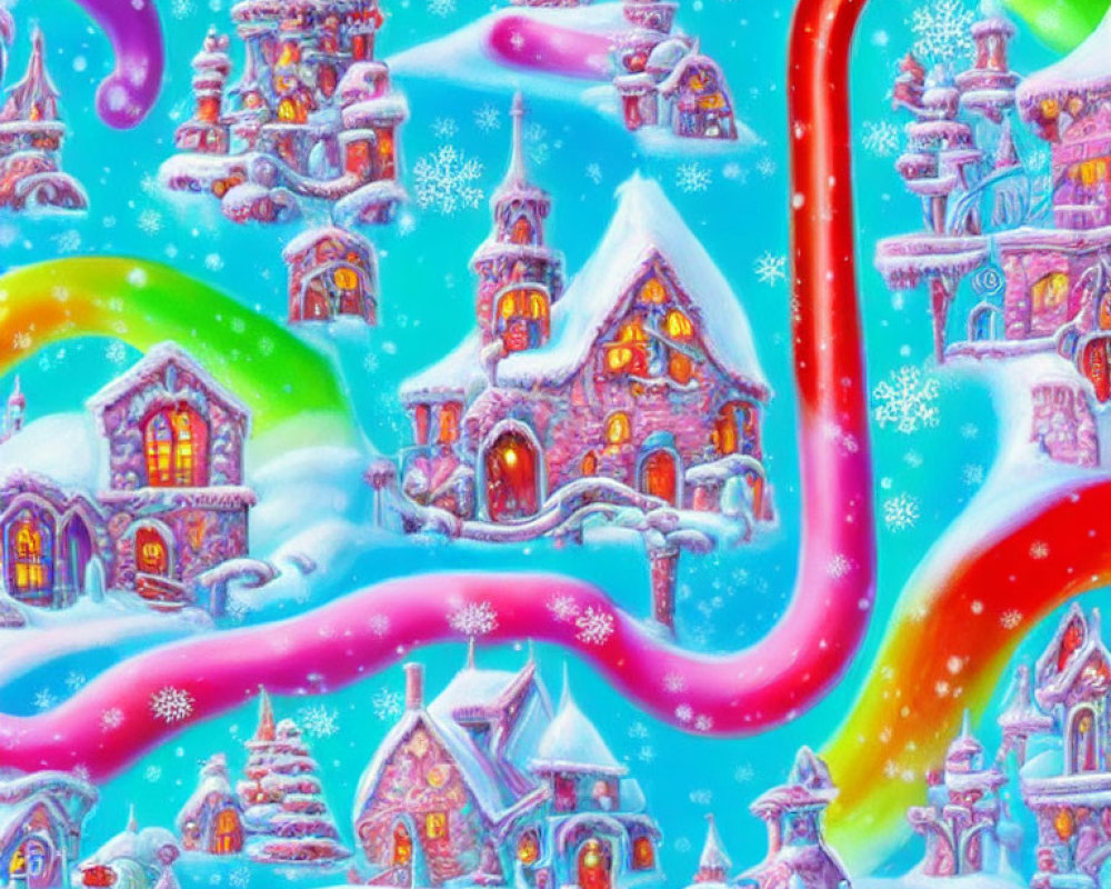 Colorful Winter Village with Snow-Covered Castles and Whimsical Slide