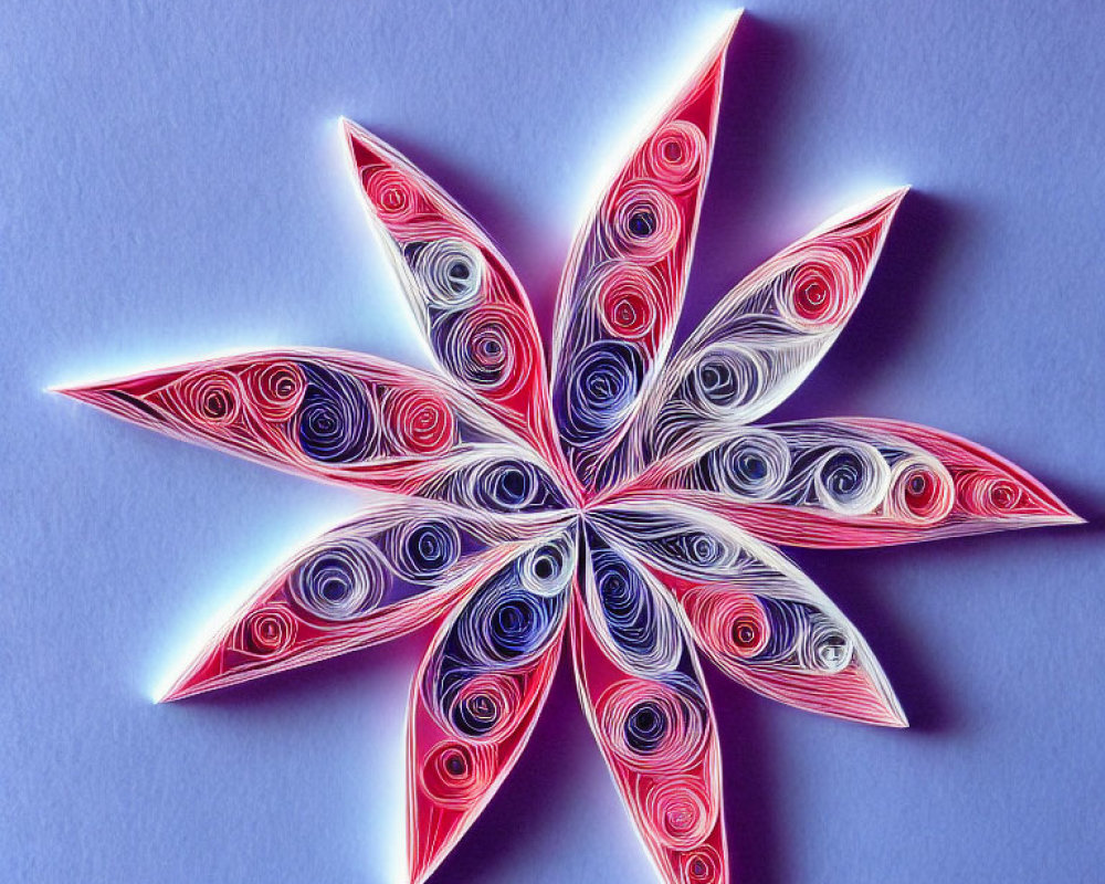 Intricate Quilled Paper Star Artwork with Red, White, and Blue Swirls