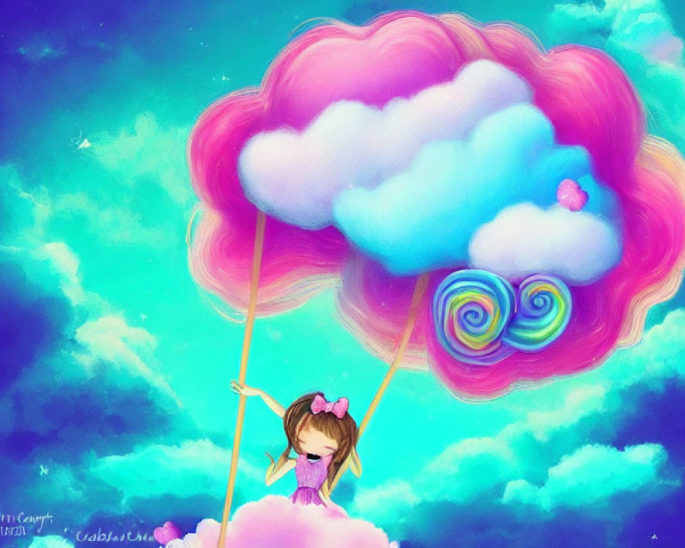 Colorful illustration of girl on swing hanging from cloud