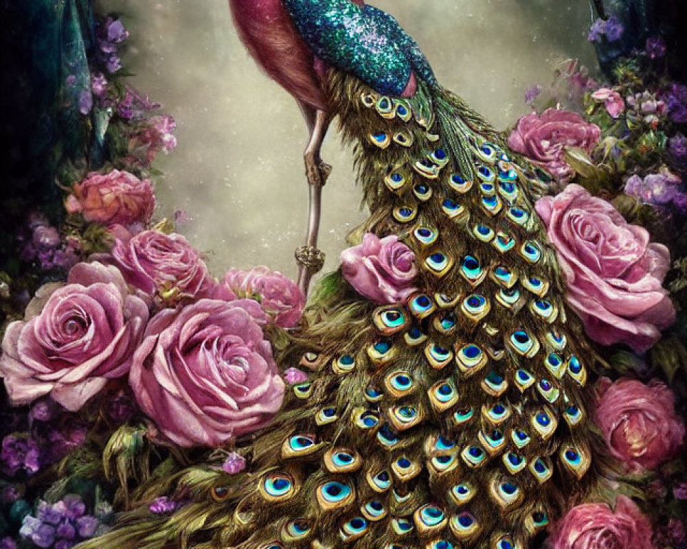 Majestic peacock with iridescent plumage among pink roses