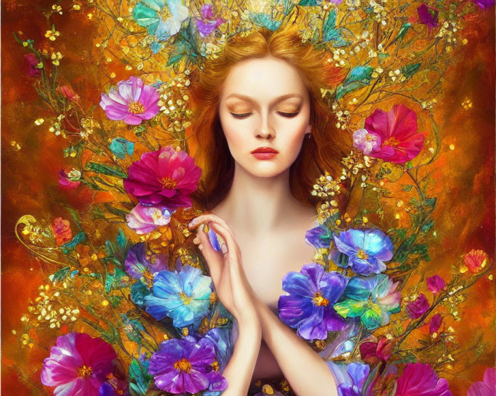 Red-haired woman surrounded by vibrant flowers and gold accents in peaceful contemplation