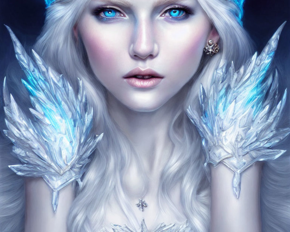 Pale-skinned woman with blue eyes, white hair, ice crystal crown, and shoulder accessories.