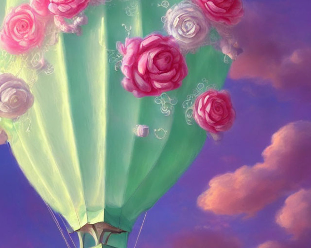 Whimsical painting: Green hot air balloon with pink and white roses in dreamy sky