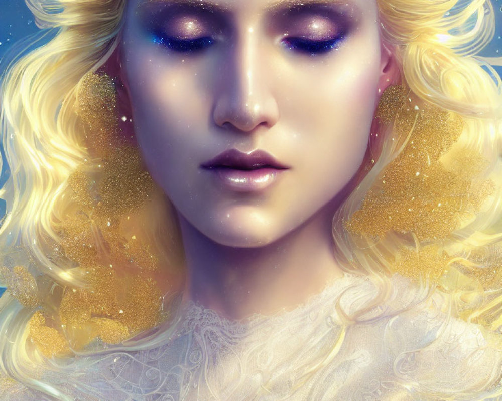 Fantastical figure with golden glittery hair and deep blue eyeshadow in white garment