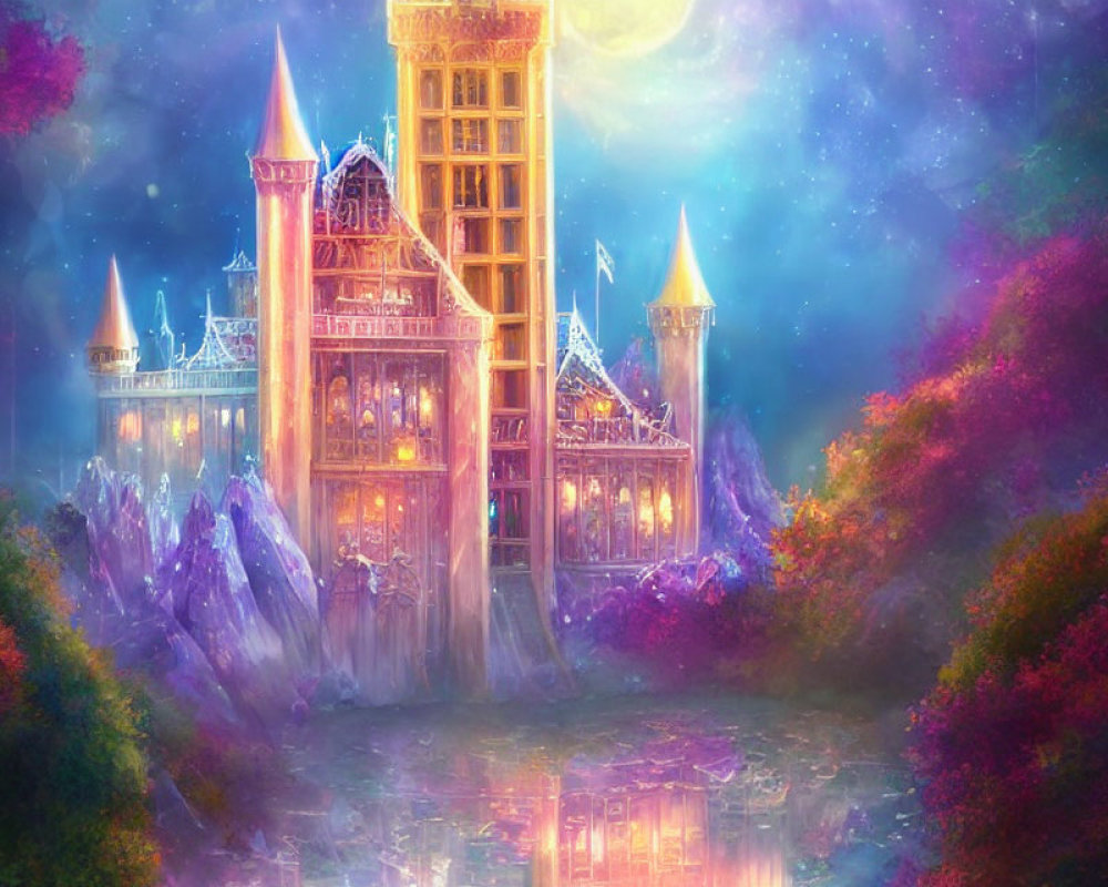 Crystalline castle in mystical purple forest under starry night.