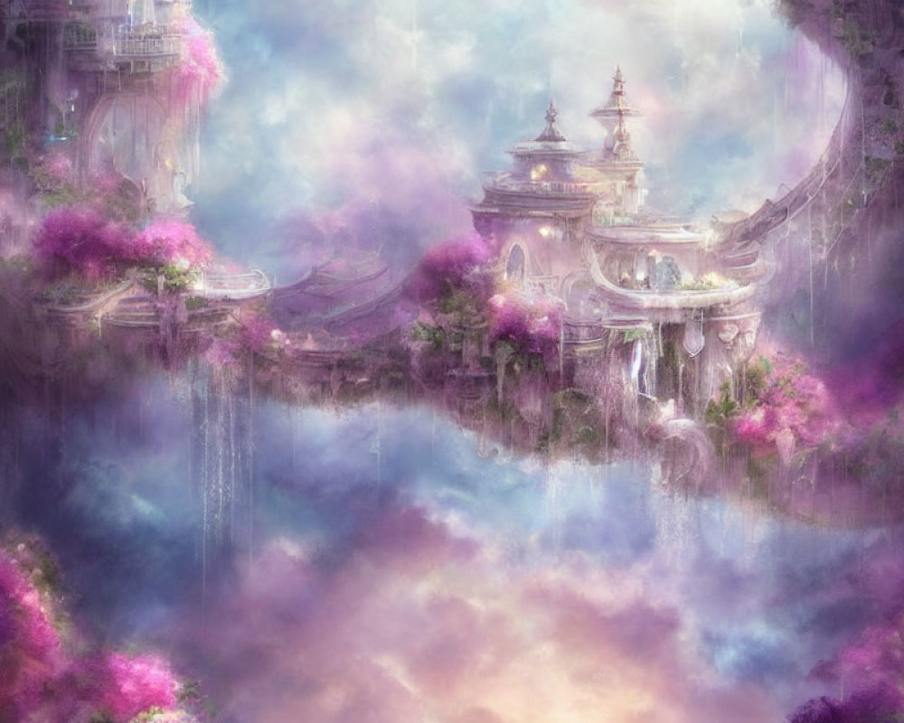 Fantasy landscape with floating islands, waterfalls, pink trees in misty clouds